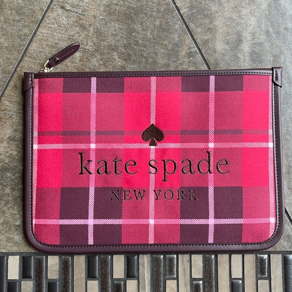 kate spade Handbags - Kate Spade Ella Plaid Bright Rose Large Zip Pouch Clutch